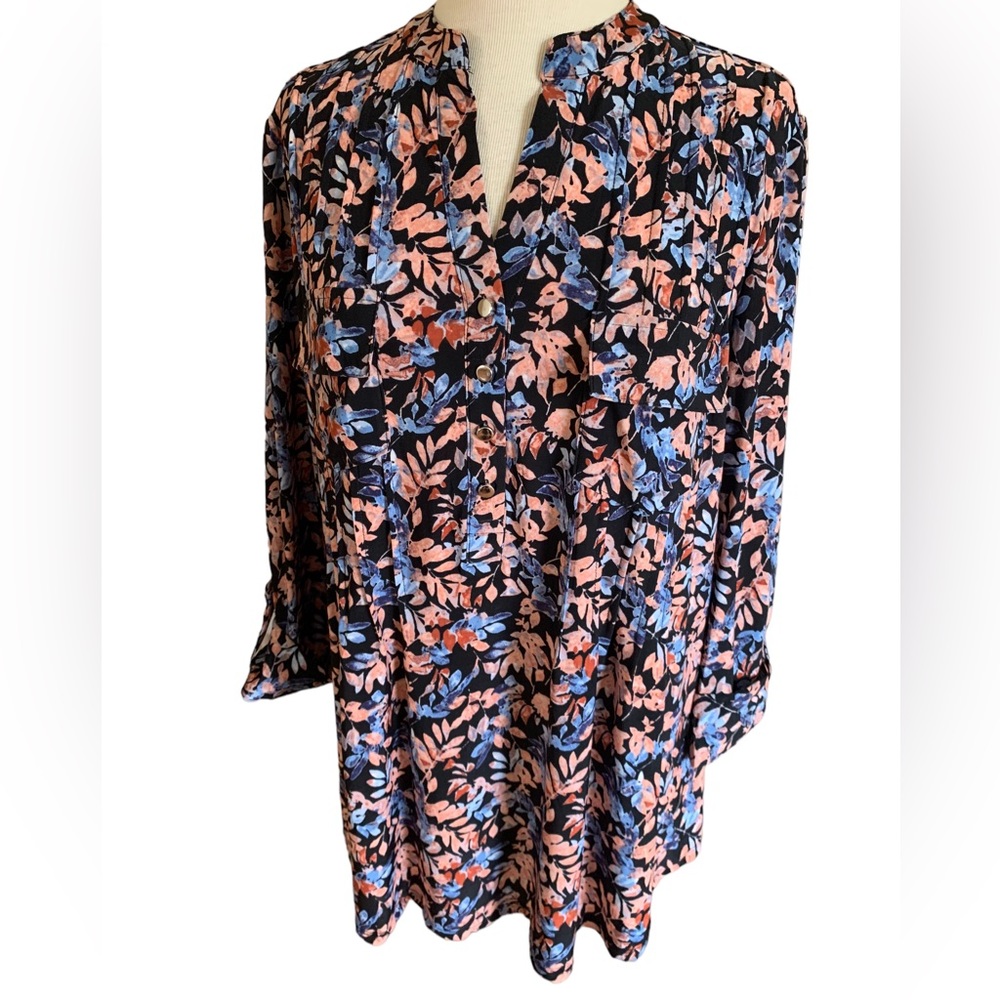 COCOMO 1X Plus Size Blue orange floral 3/4 sleeve women's Pintuck Blouse tunic - Picture 2 of 13